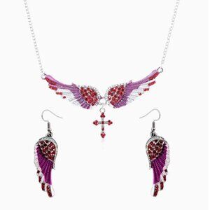 Bright Pink Enamel & Crystal Angel Wing with Cross Necklace & Earrings Set